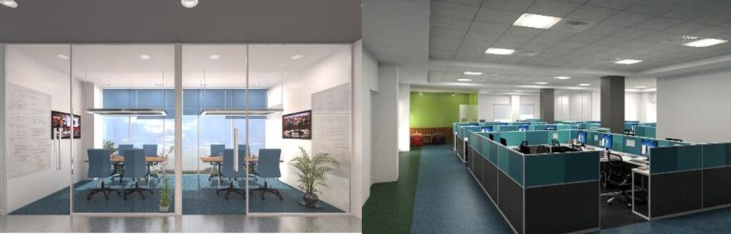 3D views of office cabins and an open floor office space