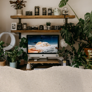 home work desk with a desktop, plants and antiques