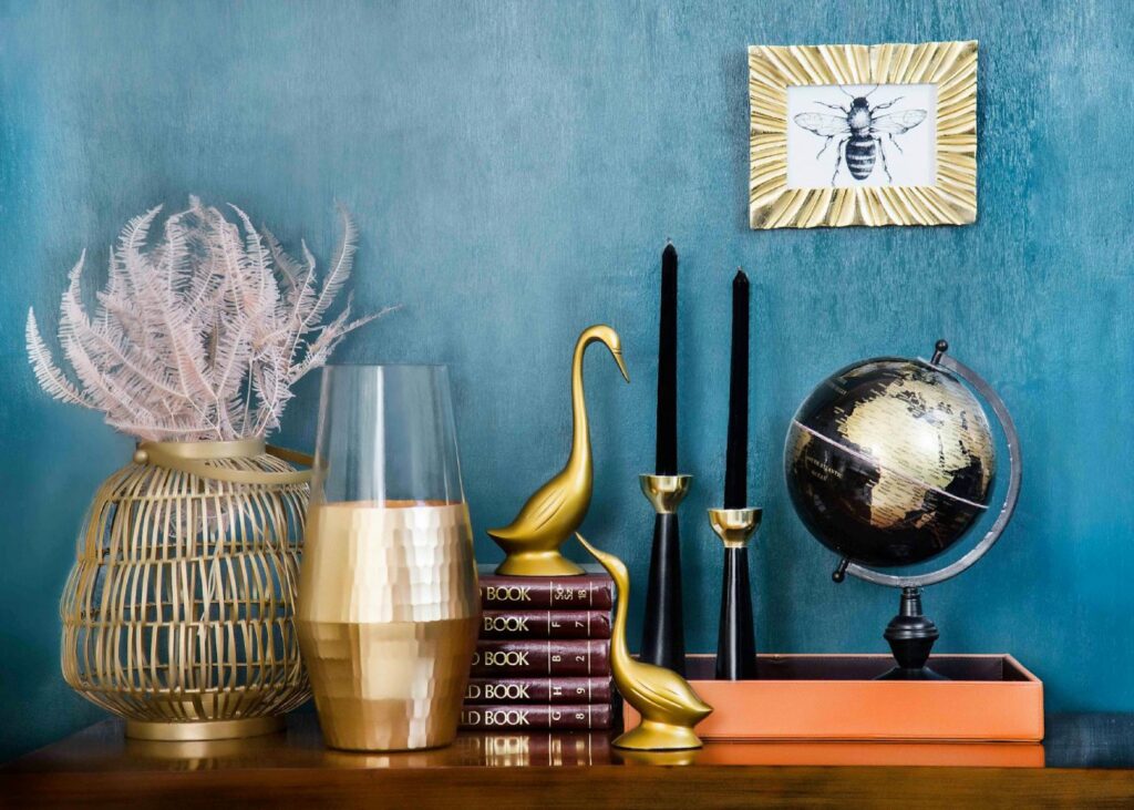 a counter top with various artefacts and books