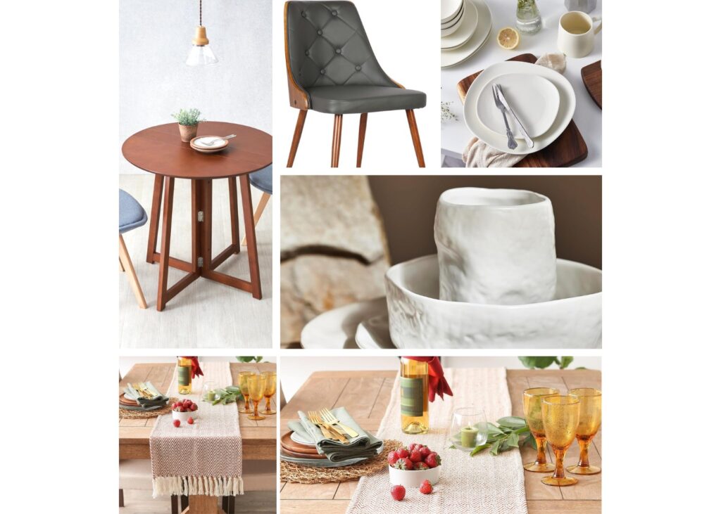 a collage of dining decor and furniture