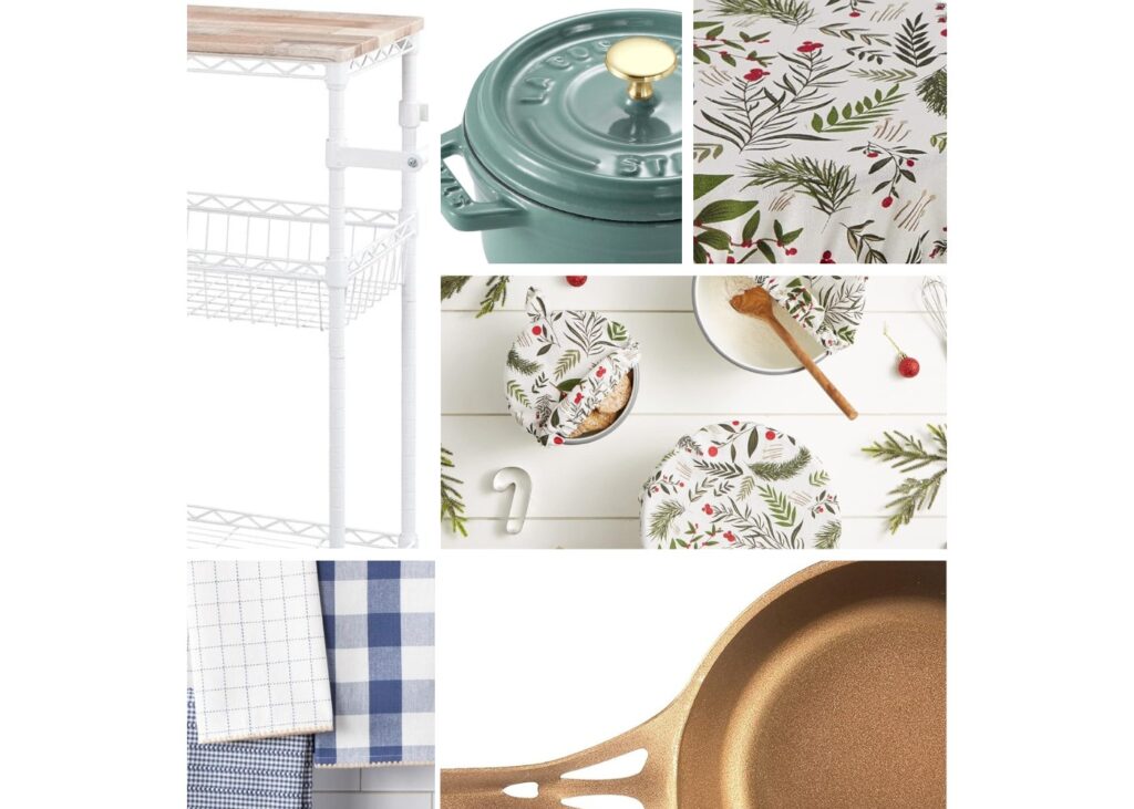 a collage of kitchenware and decor