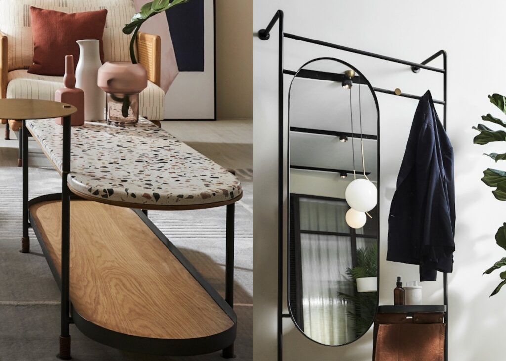 a collage of pictures showing a coffee table and mirror