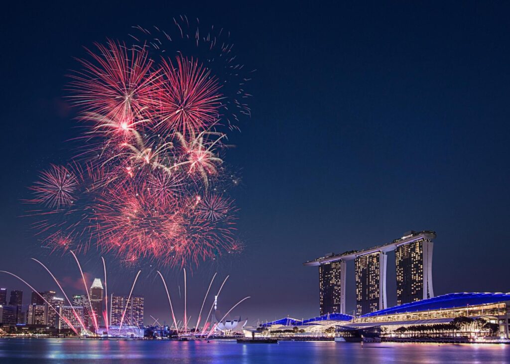 view of fireworks along Marina Bay Singapore