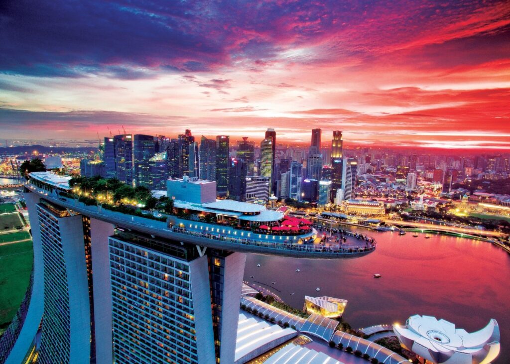 view of Marina Bay Sands with a beautiful sunset background