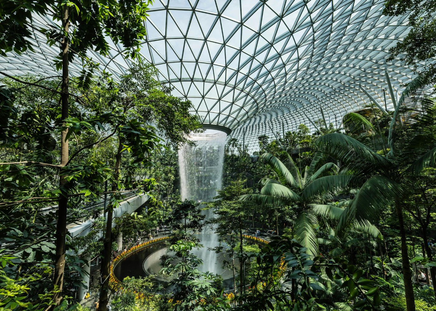 view of a waterfall in a mall in singapore