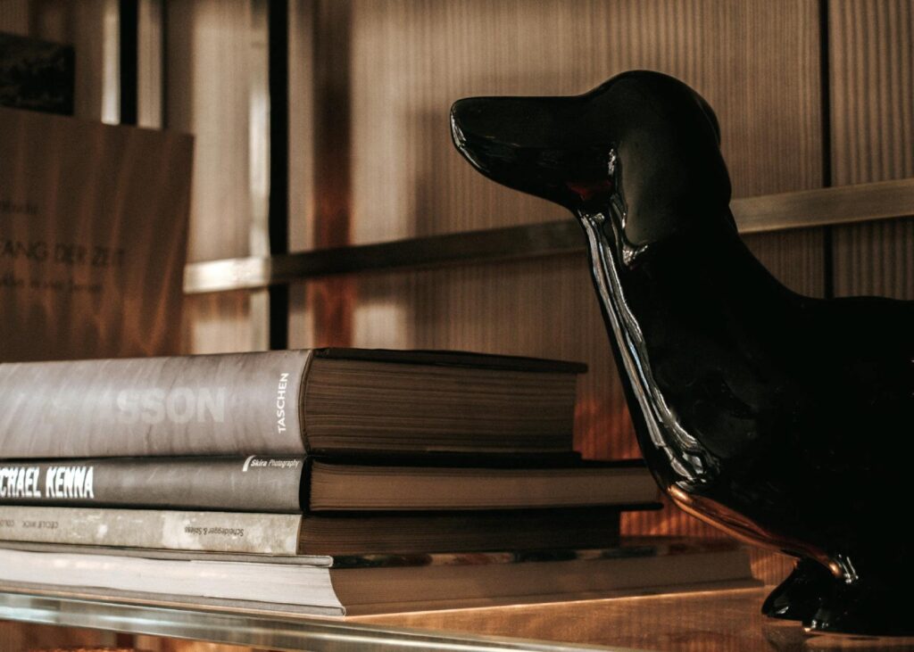 books and dog shaped sculpture stacked on a shelf