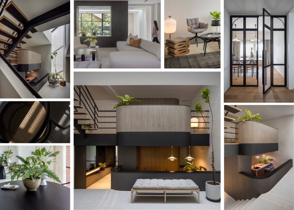 a collage of different spaces of a designer house in Singapore