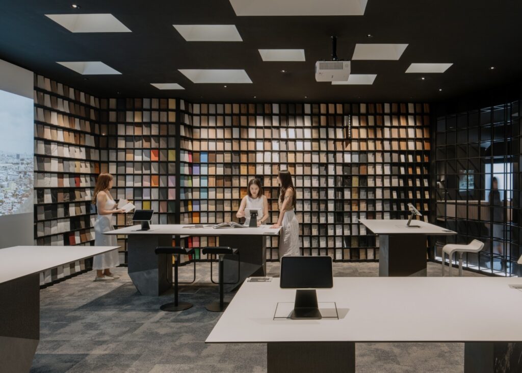 a library of laminate finishes displayed across walls