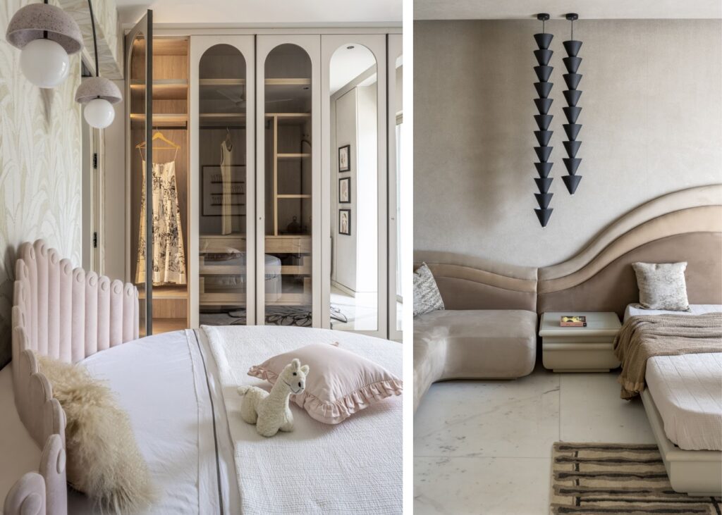 a collage of two designer bedrooms in soft pink tones in a luxury apartment