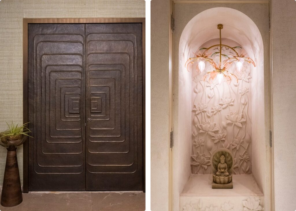 a collage of an entrance door design and a temple of a luxury apartment