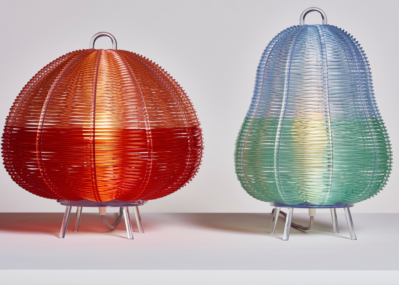 two hybrid basketry lamps
