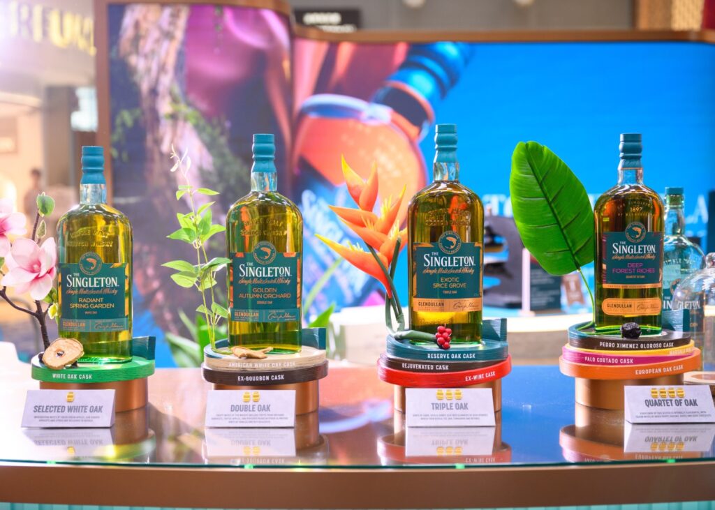 whiskey bottles mounted on a counter and a colorful background