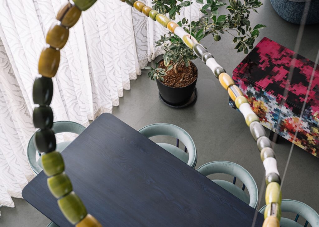 top view of a dining room in a designer home