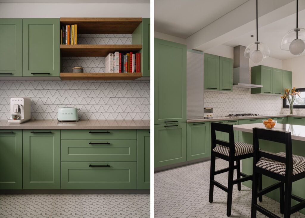 various views of a modern kitchen in green and white