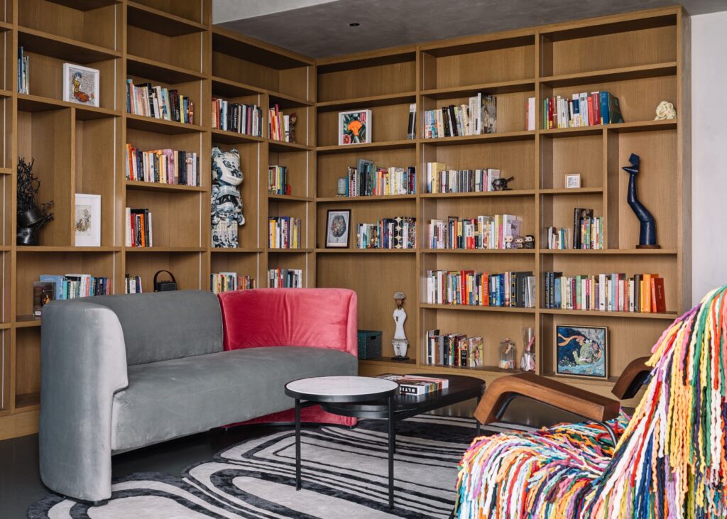 view of a library in a designer contemporary house