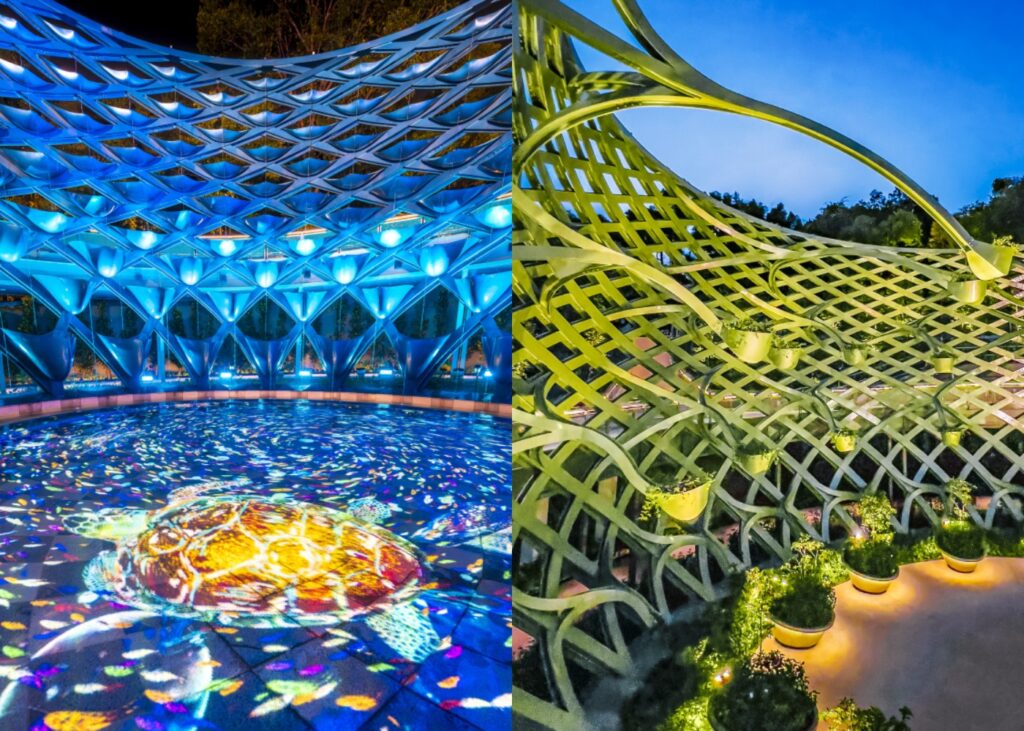 night visuals of Sensoryscape diagrid structures in Sentosa