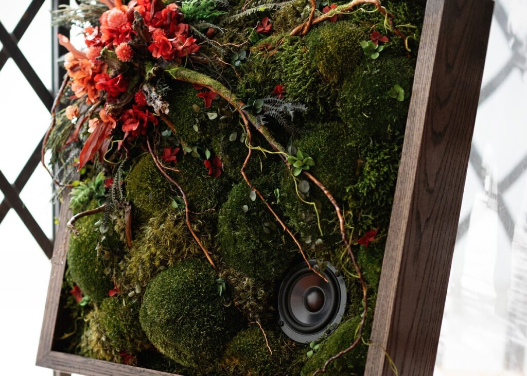 a unique music speaker with moss growing on it