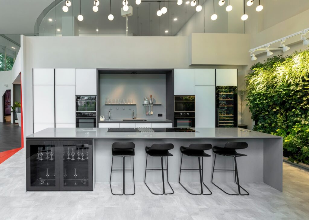 view of a cooking demo station in a kitchen design showroom in Singapore