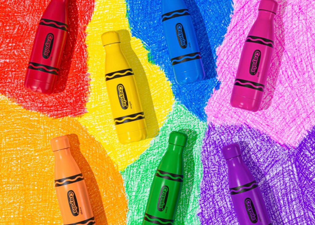 a group of colorful water bottles