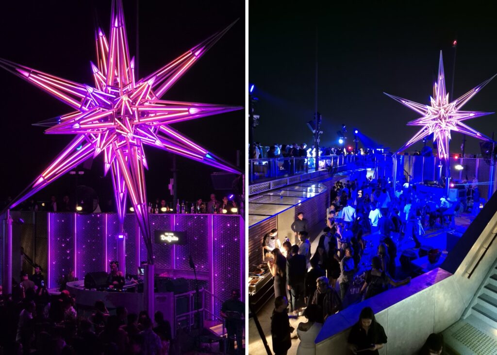 collage showing the dance floor at a rooftop club