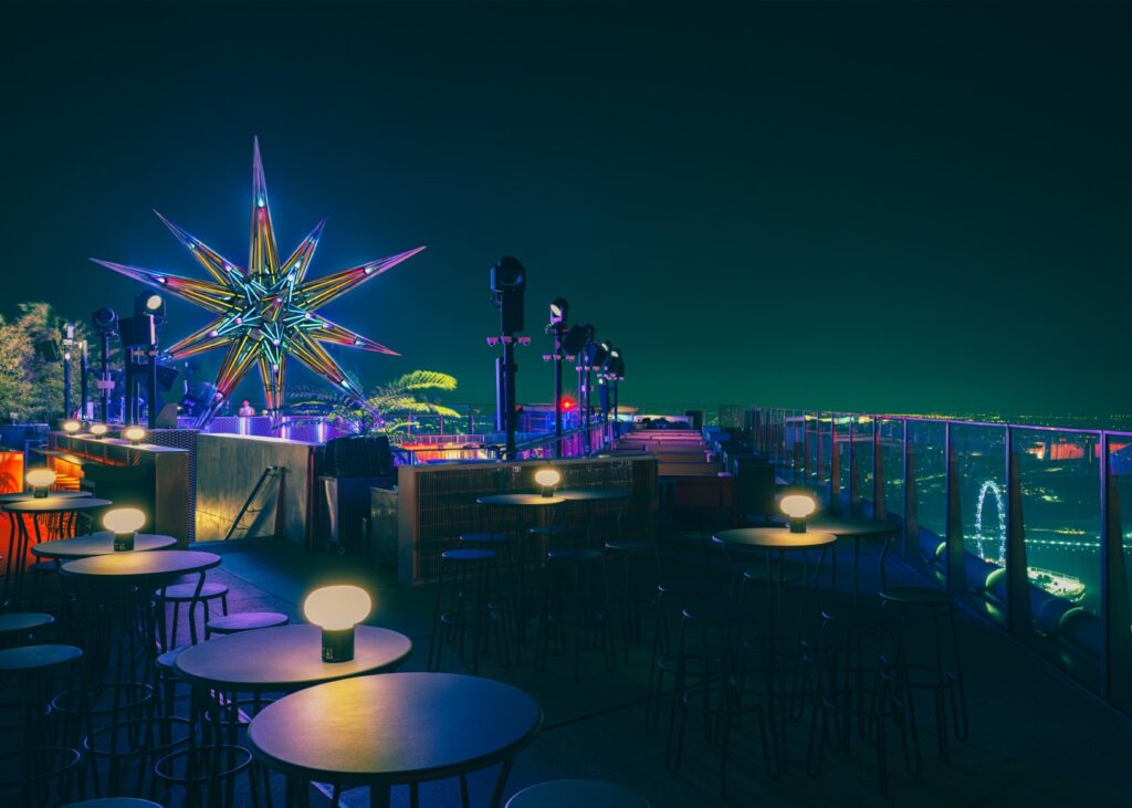 view of a stylish rooftop bar in Singapore