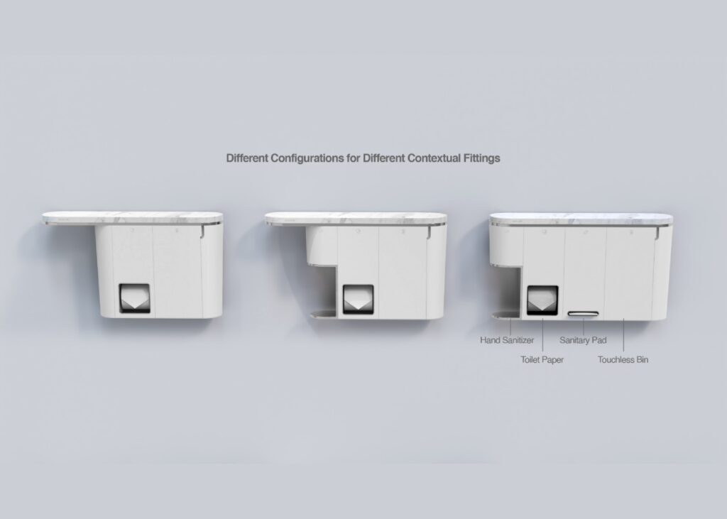 configurations of a wall mounted restroom gadget for women in white