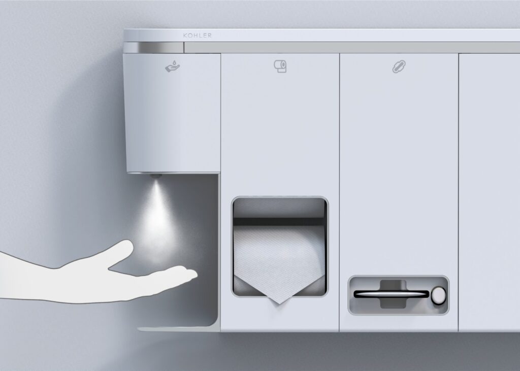 white wall-mounted restroom gadget