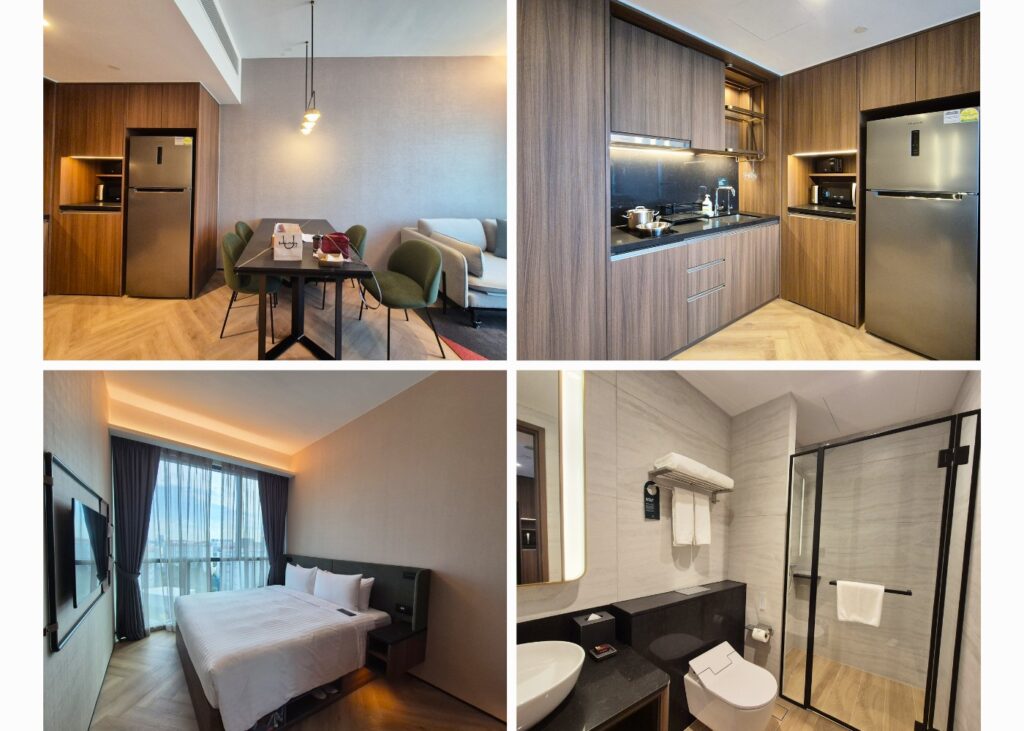 bedroom, bath, kitchen and dining areas of a hotel all in shades of taupe and brown. Contemporary design.