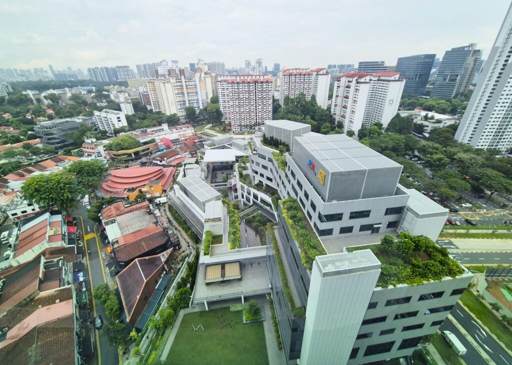 bird's eye view of a town with many buildings