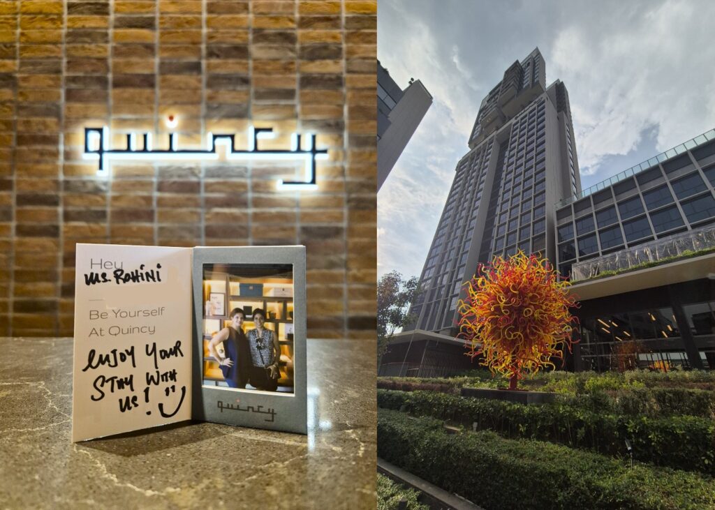 collage of travellers at a hotel lobby, tall building